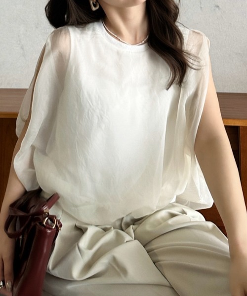 Eclat one(エクラワン)の「【Eclat one】オーガンジー ドッキング バルーンシルエット トップス(Tシャツ/カットソー・レディース・モカ/オフホワイト/グレー/ブラック・M)」の11枚目の写真
