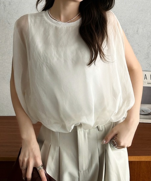 Eclat one(エクラワン)の「【Eclat one】オーガンジー ドッキング バルーンシルエット トップス(Tシャツ/カットソー・レディース・モカ/オフホワイト/グレー/ブラック・M)」の8枚目の写真