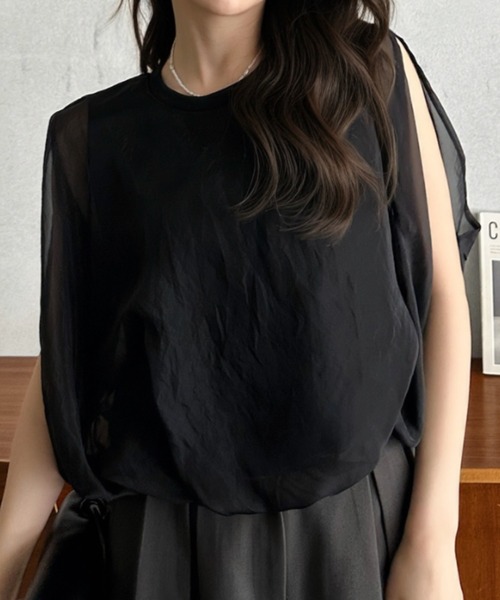Eclat one(エクラワン)の「【Eclat one】オーガンジー ドッキング バルーンシルエット トップス(Tシャツ/カットソー・レディース・モカ/オフホワイト/グレー/ブラック・M)」の12枚目の写真