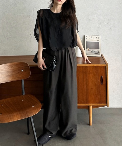 Eclat one(エクラワン)の「【Eclat one】オーガンジー ドッキング バルーンシルエット トップス(Tシャツ/カットソー・レディース・モカ/オフホワイト/グレー/ブラック・M)」の15枚目の写真