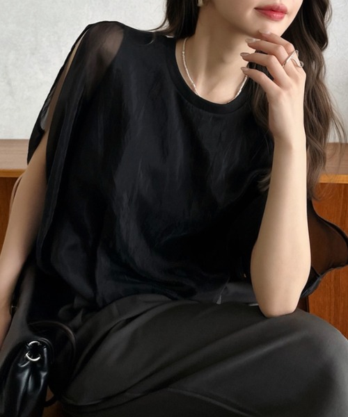 Eclat one(エクラワン)の「【Eclat one】オーガンジー ドッキング バルーンシルエット トップス(Tシャツ/カットソー・レディース・モカ/オフホワイト/グレー/ブラック・M)」の14枚目の写真