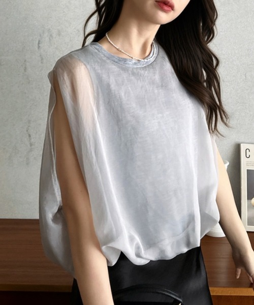 Eclat one(エクラワン)の「【Eclat one】オーガンジー ドッキング バルーンシルエット トップス(Tシャツ/カットソー・レディース・モカ/オフホワイト/グレー/ブラック・M)」の19枚目の写真