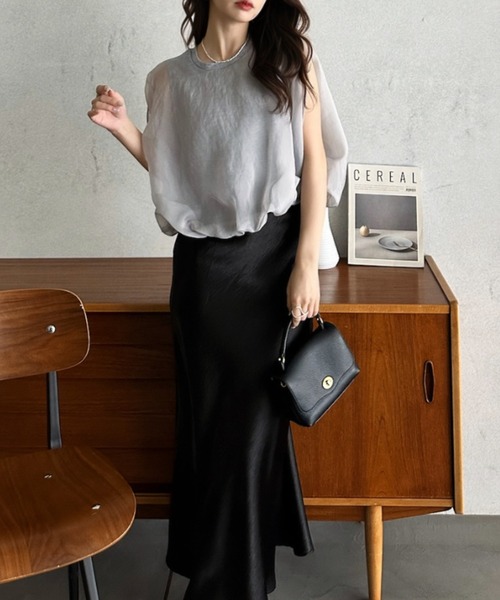 Eclat one(エクラワン)の「【Eclat one】オーガンジー ドッキング バルーンシルエット トップス(Tシャツ/カットソー・レディース・モカ/オフホワイト/グレー/ブラック・M)」の20枚目の写真