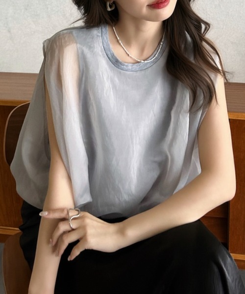 Eclat one(エクラワン)の「【Eclat one】オーガンジー ドッキング バルーンシルエット トップス(Tシャツ/カットソー・レディース・モカ/オフホワイト/グレー/ブラック・M)」の5枚目の写真