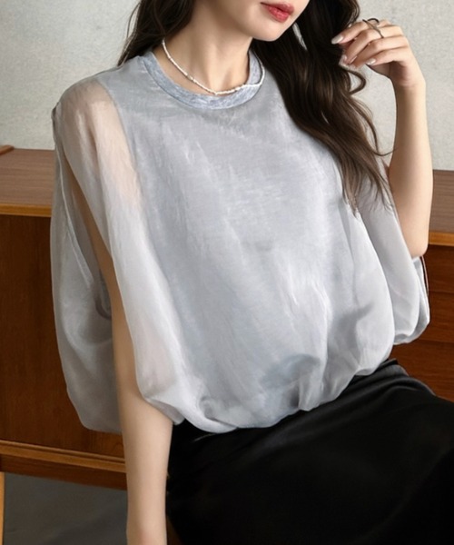 Eclat one(エクラワン)の「【Eclat one】オーガンジー ドッキング バルーンシルエット トップス(Tシャツ/カットソー・レディース・モカ/オフホワイト/グレー/ブラック・M)」の21枚目の写真