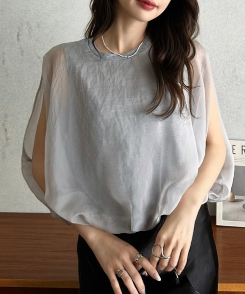 Eclat one(エクラワン)の「【Eclat one】オーガンジー ドッキング バルーンシルエット トップス(Tシャツ/カットソー・レディース・モカ/オフホワイト/グレー/ブラック・M)」の17枚目の写真