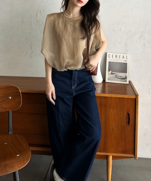 Eclat one(エクラワン)の「【Eclat one】オーガンジー ドッキング バルーンシルエット トップス(Tシャツ/カットソー・レディース・モカ/オフホワイト/グレー/ブラック・M)」の7枚目の写真
