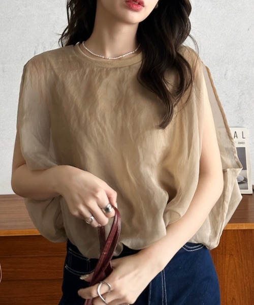 Eclat one(エクラワン)の「【Eclat one】オーガンジー ドッキング バルーンシルエット トップス(Tシャツ/カットソー・レディース・モカ/オフホワイト/グレー/ブラック・M)」の22枚目の写真