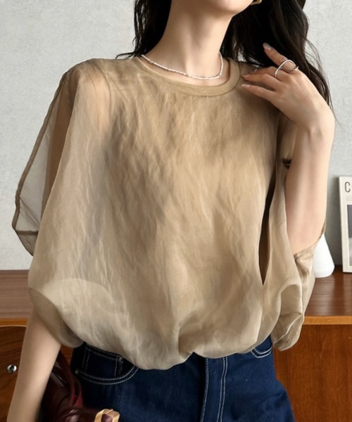 Eclat one(エクラワン)の「【Eclat one】オーガンジー ドッキング バルーンシルエット トップス(Tシャツ/カットソー・レディース・モカ/オフホワイト/グレー/ブラック・M)」の6枚目の写真