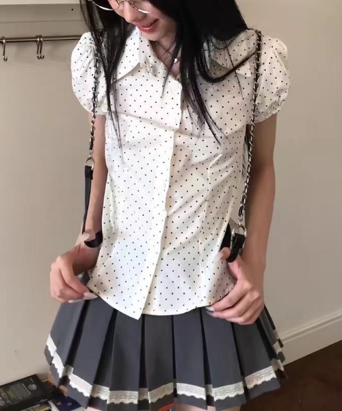 LADY LIKE(レディライク)の「【春夏新作】ピンドット柄パフスリーブ半袖シャツ(シャツ/ブラウス・レディース・ホワイト/ブラック/ピンク・M/S/L)」の10枚目の写真