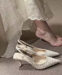 ツイード ポインテッドトゥ バックストラップパンプス レディース 細ヒール ポイントトゥ オフィス 結婚式