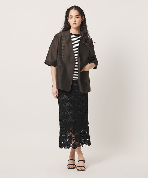 UNITED ARROWS（ユナイテッドアローズ）の「シアー ノーラペル ハーフスリーブ ジャケット ‐ウォッシャブル‐（テーラードジャケット・レディース・ダークブラウン/オフホワイト・38/36）」の6枚目の写真