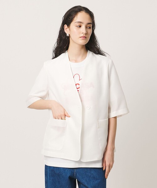 UNITED ARROWS（ユナイテッドアローズ）の「シアー ノーラペル ハーフスリーブ ジャケット ‐ウォッシャブル‐（テーラードジャケット・レディース・ダークブラウン/オフホワイト・38/36）」の4枚目の写真