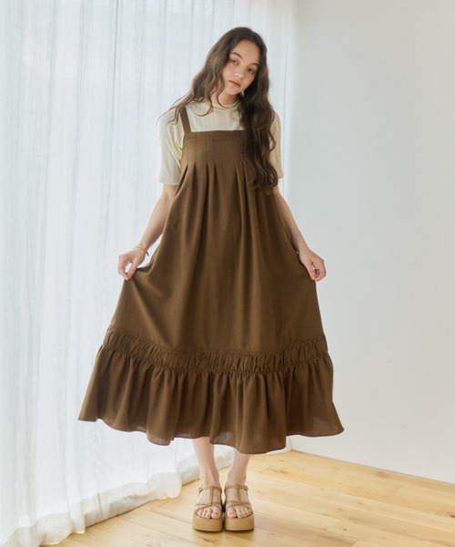 OLUN(オルン)の「front tuck belt cami onepiece/フロントタックベルトキャミワンピース(ワンピース・レディース・アイボリー/ブラウン/ベージュ・MEDIUM/SMALL)」の8枚目の写真