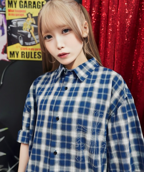GALFY(ガルフィー)の「【別注】GA×GALFY-安心の十字架キラキラチェックシャツ(シャツ/ブラウス・メンズ・ブラック/ネイビー・L/XL)」の2枚目の写真