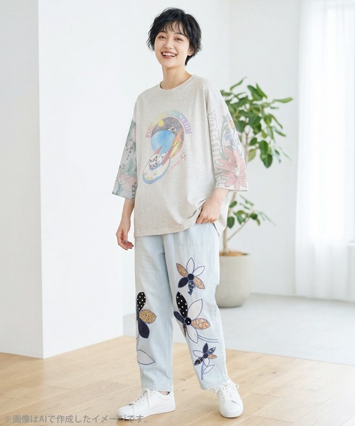 ScoLar(スカラー)の「162625:花ネコ袖柄切替 フクミン・モケの宇宙大冒険プルオーバー(Tシャツ/カットソー・レディース・オートミール/パープル/ブラック・M)」の12枚目の写真