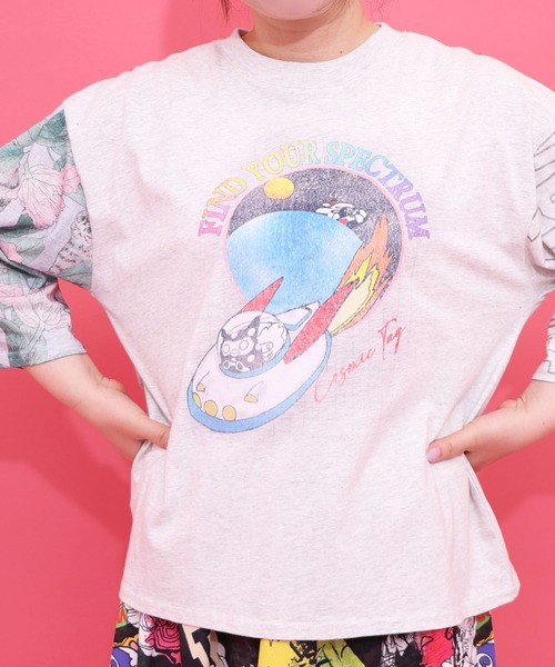ScoLar(スカラー)の「162625:花ネコ袖柄切替 フクミン・モケの宇宙大冒険プルオーバー(Tシャツ/カットソー・レディース・オートミール/パープル/ブラック・M)」の10枚目の写真