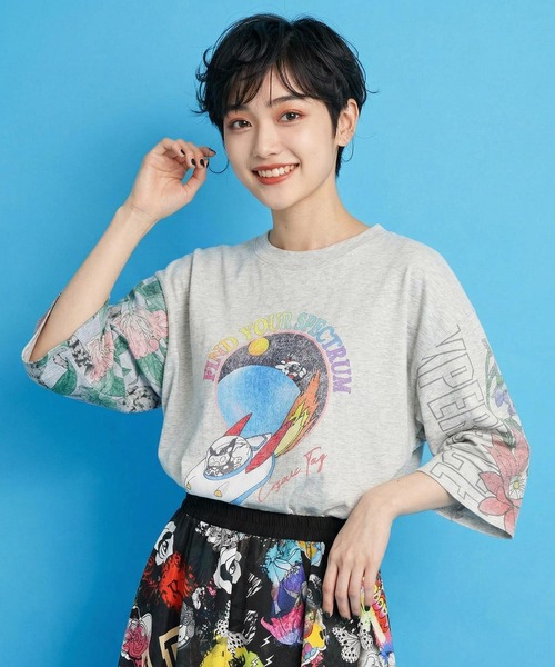 ScoLar(スカラー)の「162625:花ネコ袖柄切替 フクミン・モケの宇宙大冒険プルオーバー(Tシャツ/カットソー・レディース・オートミール/パープル/ブラック・M)」の11枚目の写真