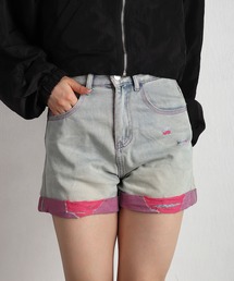ピンクレイヤード ダメージデニムショートパンツ