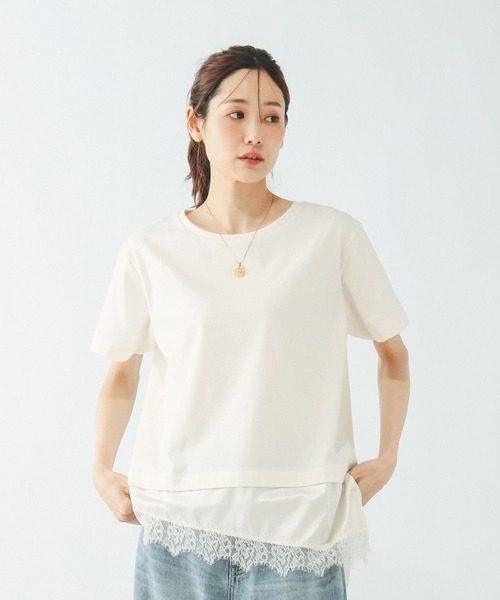 GLOBAL WORK（グローバルワーク）の「フェイクアシメヘムレースTシャツ/759899（Tシャツ/カットソー・レディース・ブラック/ベージュ/アイボリー・LARGE/MEDIUM）」の3枚目の写真