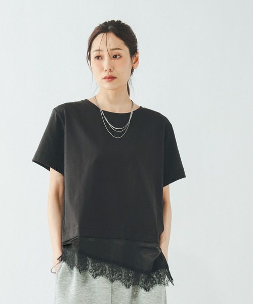 GLOBAL WORK（グローバルワーク）の「フェイクアシメヘムレースTシャツ/759899（Tシャツ/カットソー・レディース・ブラック/ベージュ/アイボリー・LARGE/MEDIUM）」の2枚目の写真