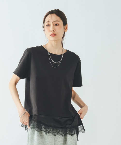 GLOBAL WORK（グローバルワーク）の「フェイクアシメヘムレースTシャツ/759899（Tシャツ/カットソー・レディース・ブラック/ベージュ/アイボリー・LARGE/MEDIUM）」の6枚目の写真