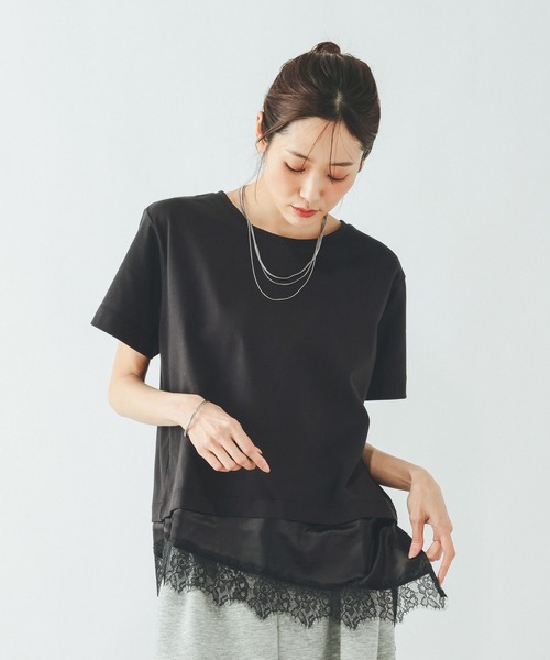 GLOBAL WORK（グローバルワーク）の「フェイクアシメヘムレースTシャツ/759899（Tシャツ/カットソー・レディース・ブラック/ベージュ/アイボリー・LARGE/MEDIUM）」の7枚目の写真