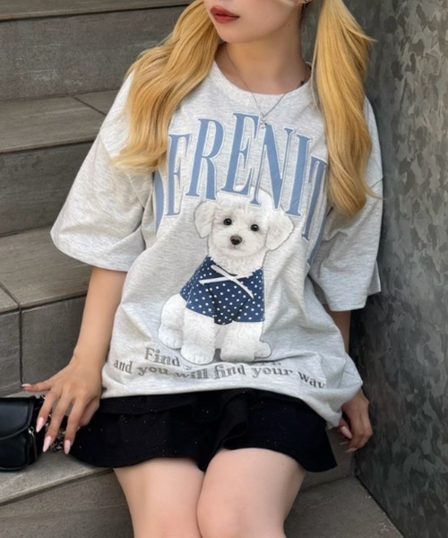 continuer de NICE CLAUP(コンティニューデナイスクラップ)の「ちびリボン犬BigT(Tシャツ/カットソー・レディース・オフホワイト/チャコールグレー/ピンク/オートミール・FREE)」の3枚目の写真