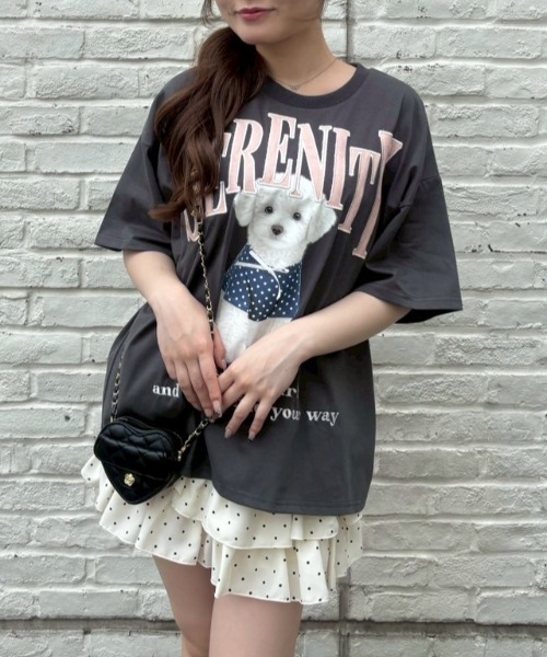 continuer de NICE CLAUP(コンティニューデナイスクラップ)の「ちびリボン犬BigT(Tシャツ/カットソー・レディース・オフホワイト/チャコールグレー/ピンク/オートミール・FREE)」の2枚目の写真