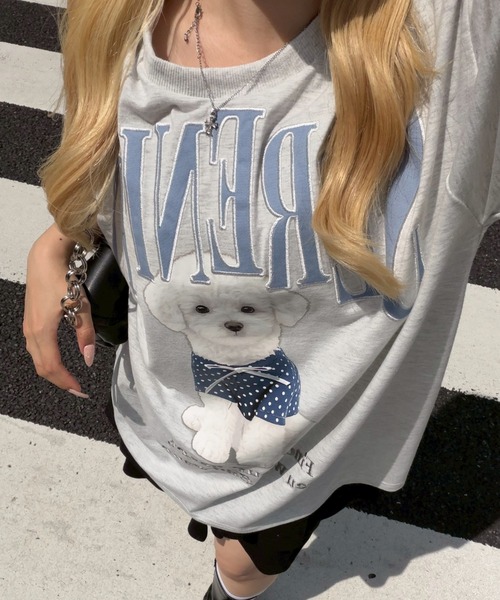 continuer de NICE CLAUP(コンティニューデナイスクラップ)の「ちびリボン犬BigT(Tシャツ/カットソー・レディース・オフホワイト/チャコールグレー/ピンク/オートミール・FREE)」の13枚目の写真
