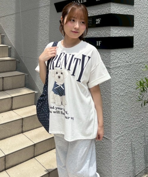 continuer de NICE CLAUP(コンティニューデナイスクラップ)の「ちびリボン犬BigT(Tシャツ/カットソー・レディース・オフホワイト/チャコールグレー/ピンク/オートミール・FREE)」の5枚目の写真