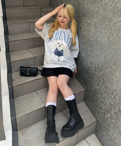 continuer de NICE CLAUP(コンティニューデナイスクラップ)の「ちびリボン犬BigT(Tシャツ/カットソー・レディース・オフホワイト/チャコールグレー/ピンク/オートミール・FREE)」の15枚目の写真