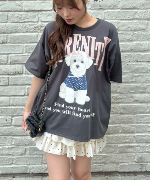 continuer de NICE CLAUP(コンティニューデナイスクラップ)の「ちびリボン犬BigT(Tシャツ/カットソー・レディース・オフホワイト/チャコールグレー/ピンク/オートミール・FREE)」の9枚目の写真