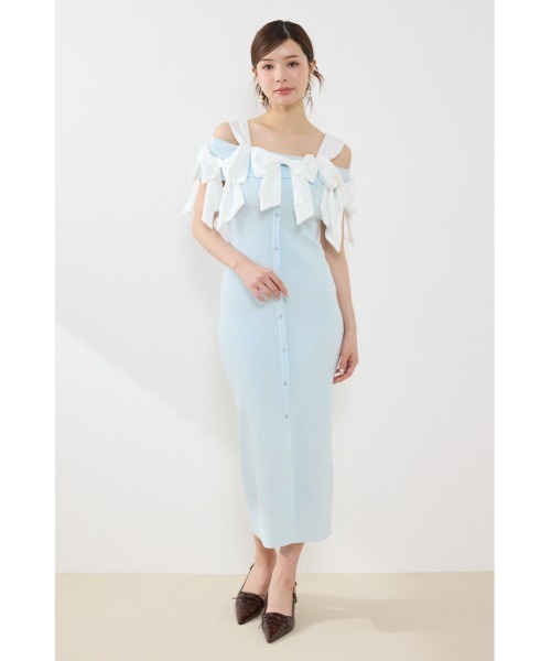 rienda(リエンダ)の「リボンタイトニットワンピース 夏服 秋服(ワンピース・レディース・ライトブルー/ブラック/ベージュ・FREE)」の1枚目の写真