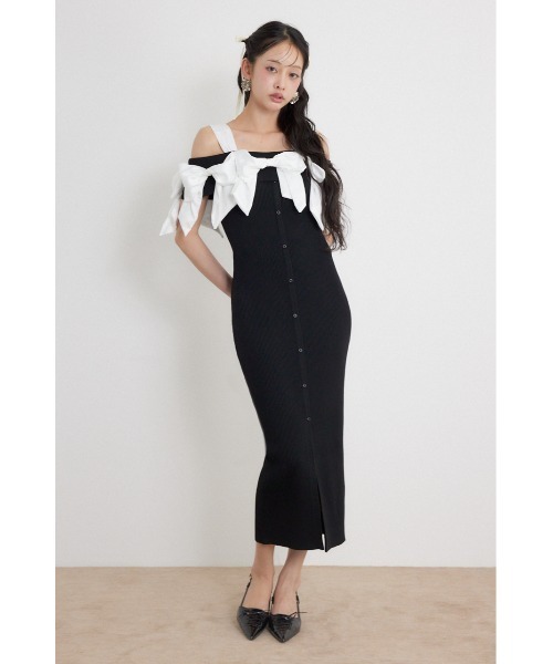 rienda(リエンダ)の「リボンタイトニットワンピース 夏服 秋服(ワンピース・レディース・ライトブルー/ブラック/ベージュ・FREE)」の2枚目の写真