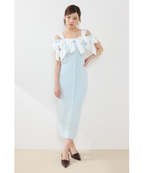 rienda(リエンダ)の「リボンタイトニットワンピース 夏服 秋服(ワンピース・レディース・ライトブルー/ブラック/ベージュ・FREE)」の4枚目の写真