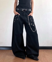チェーン付きアイレットデニムカーブワイドパンツ