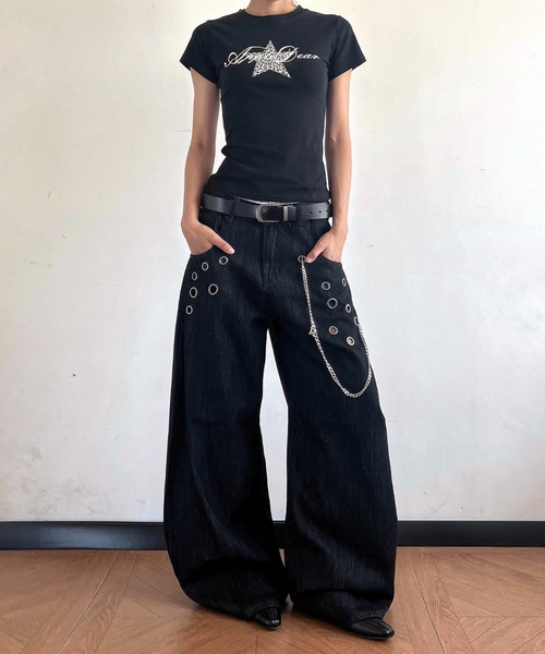 SHEENA（シーナ）の「チェーン付きアイレットデニムカーブワイドパンツ（デニムパンツ・レディース・インディゴブルー・L/M/S）」の21枚目の写真