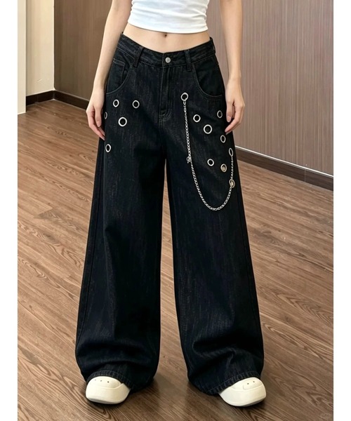SHEENA（シーナ）の「チェーン付きアイレットデニムカーブワイドパンツ（デニムパンツ・レディース・インディゴブルー・L/M/S）」の4枚目の写真