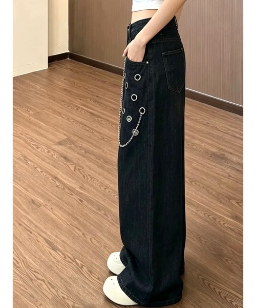 SHEENA（シーナ）の「チェーン付きアイレットデニムカーブワイドパンツ（デニムパンツ・レディース・インディゴブルー・L/M/S）」の6枚目の写真