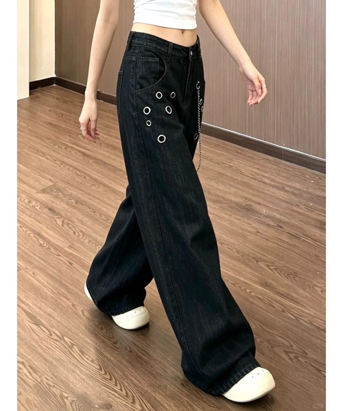 SHEENA（シーナ）の「チェーン付きアイレットデニムカーブワイドパンツ（デニムパンツ・レディース・インディゴブルー・L/M/S）」の7枚目の写真