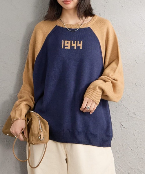 LOGAN knitting mills（ローガンニッティングミルズ）の「【WEB先行予約】[LOGAN Knitting Mills/ローガン ニッティング ミルズ] 別注 配色ジャガードラグランニット（ニット/セーター・レディース・ネイビー/ベージュ/アイボリー/レッド/ブルー・F）」の3枚目の写真