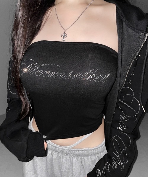 me+em select(ミームセレクト)の「【 セットアップ可能 】ラインストーンロゴベアトップ / Rhine stone logo bare top(チューブトップ・レディース・ブラック系1/ブラック・FREE)」の18枚目の写真