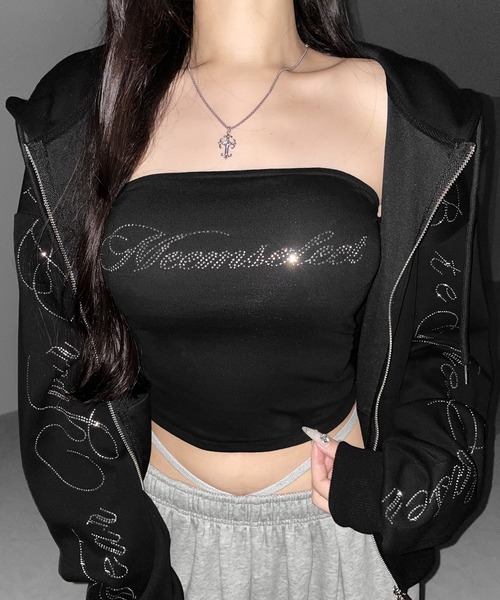 me+em select(ミームセレクト)の「【 セットアップ可能 】ラインストーンロゴベアトップ / Rhine stone logo bare top(チューブトップ・レディース・ブラック系1/ブラック・FREE)」の19枚目の写真