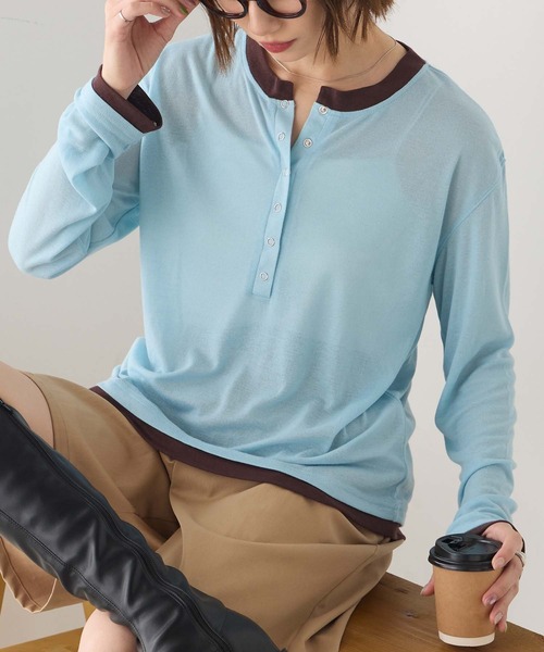 BONLECILL(ボンルシール)の「配色ヘンリーネックロンT(Tシャツ/カットソー・レディース・ブラウン/オフホワイト/ブルー/グレー・FREE)」の1枚目の写真