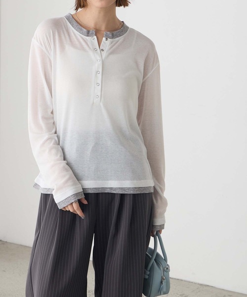 BONLECILL(ボンルシール)の「配色ヘンリーネックロンT(Tシャツ/カットソー・レディース・ブラウン/オフホワイト/ブルー/グレー・FREE)」の7枚目の写真