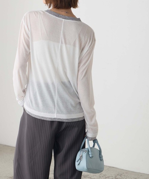 BONLECILL(ボンルシール)の「配色ヘンリーネックロンT(Tシャツ/カットソー・レディース・ブラウン/オフホワイト/ブルー/グレー・FREE)」の9枚目の写真