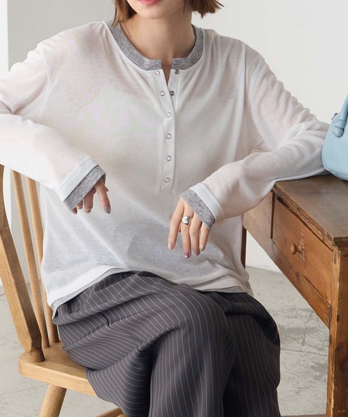 BONLECILL(ボンルシール)の「配色ヘンリーネックロンT(Tシャツ/カットソー・レディース・ブラウン/オフホワイト/ブルー/グレー・FREE)」の11枚目の写真