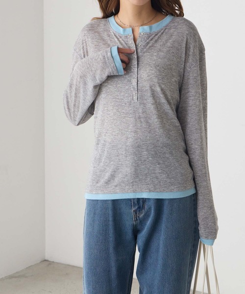 BONLECILL(ボンルシール)の「配色ヘンリーネックロンT(Tシャツ/カットソー・レディース・ブラウン/オフホワイト/ブルー/グレー・FREE)」の17枚目の写真