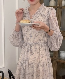 Vネック フリル 碎花柄 ボウタイ長袖ワンピース